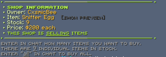 The shop information screen in chat