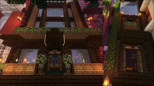 A collage image consisting of two images. The image on the left depicts a storefront made of wood, lined with hedges and with lanterns hanging from the sides. Player-interactable shops are visible on either side of the front doors, and sit in front of large stained glass windows. The second image depicts a smaller back entrance of the storefront, with vines crawling up the left side to the top floor. Smilarly, the back doors are open, and the wooden exterior is also decorated with lanterns, hedges, and large stained glass windows. Potted plants hang from the exterior of the topmost floor.